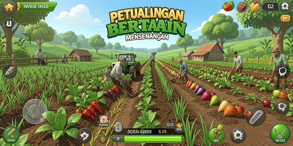 Screenshot gameplay AW8 menampilkan suasana pertanian yang asri dan interaktif.