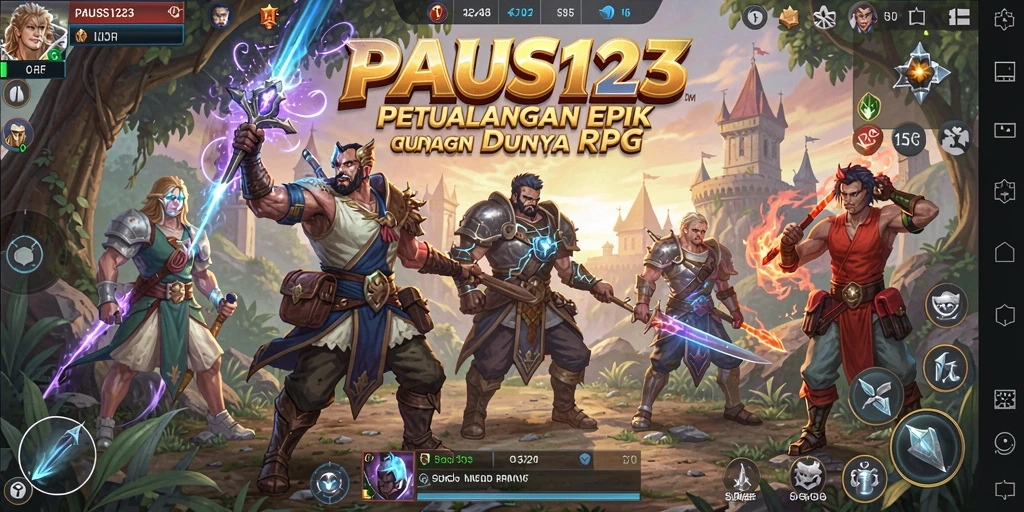 Screenshot utama PAUS123 menampilkan pertarungan epik dalam dunia fantasi.