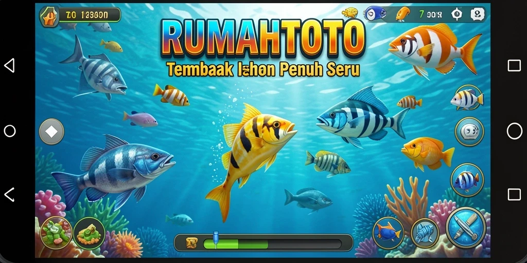 Screenshot RUMAHTOTO menampilkan aksi seru saat menembak ikan.