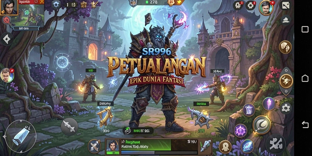 Screenshot gameplay SR996 menampilkan pertarungan epik dan eksplorasi dunia fantasi.