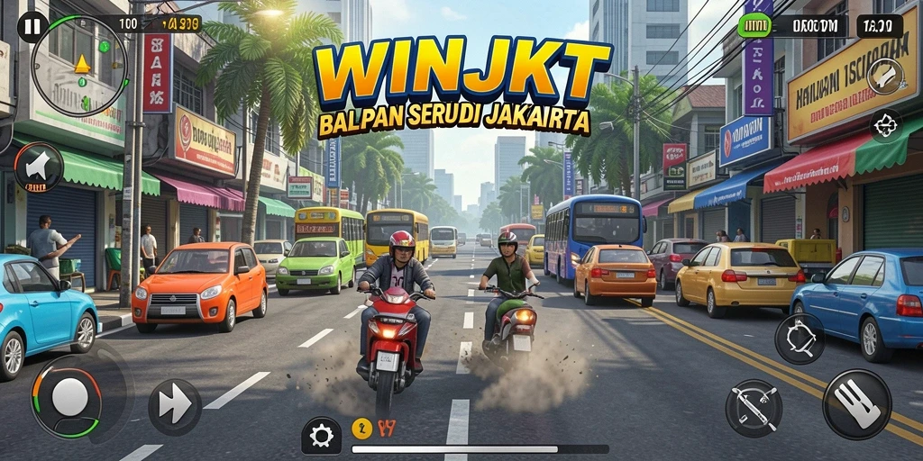 Screenshot gameplay WINJKT menunjukkan balapan intens di jalan Jakarta.