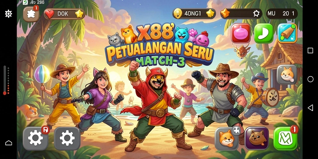 Tampilan gameplay X88 dengan permata berwarna-warni dan tantangan seru.